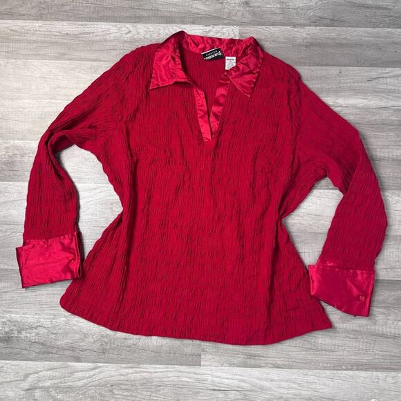 Vintage Office Siren Red Blouse Satin Cuffs and Collar Plus Size - Picture 1 of 7